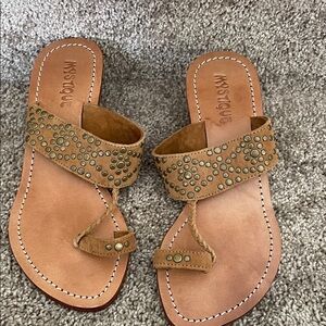 Mystique Boutique Brown Studded Leather Toe-Loop Sandals